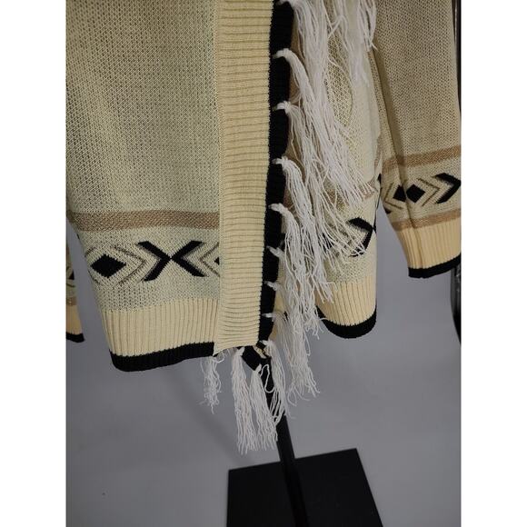 Woman's Aztec Tan Black Open Cardigan Sweater Size Large Fringe Metallic Unbrand - Picture 5 of 12
